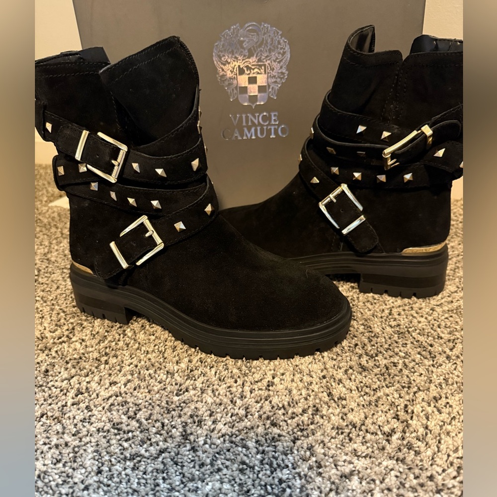 Vince Camuto Black Suede Studded Moto Boots